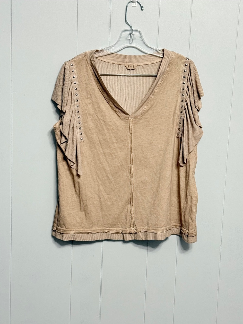 #12) POL beige ruffle sleeve V-neck top